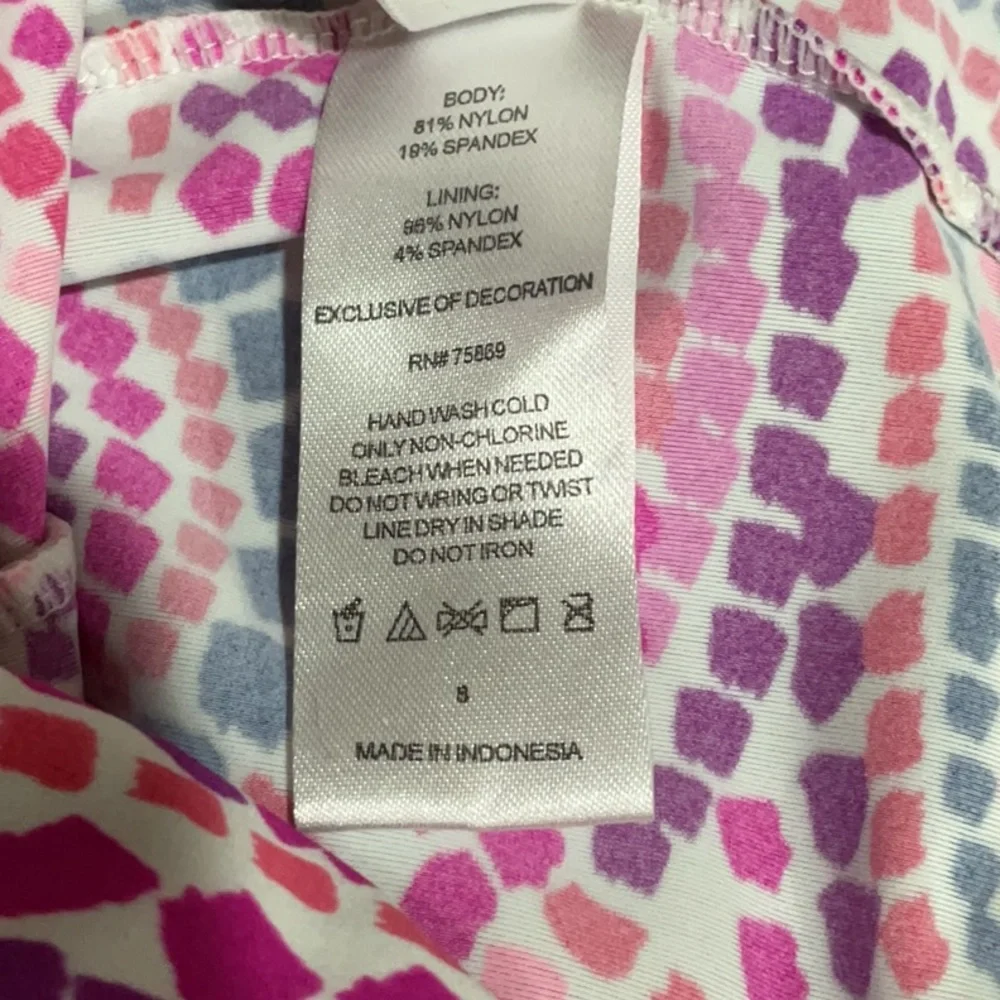 Swim bathing suit top pretty in pinks & purples with navy blue trim size 8
